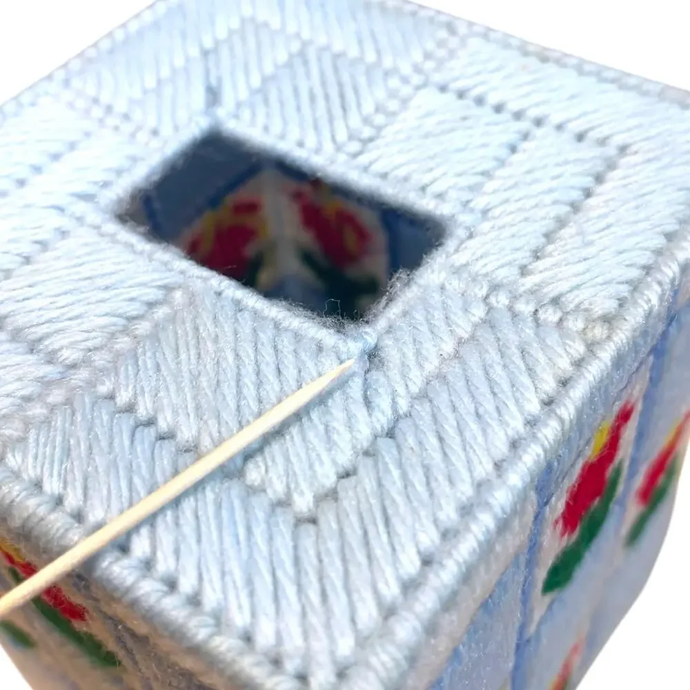 Vintage Handmade Yarn Tissue Box Cover Blue Floral Plastic Canvas Needlepoint